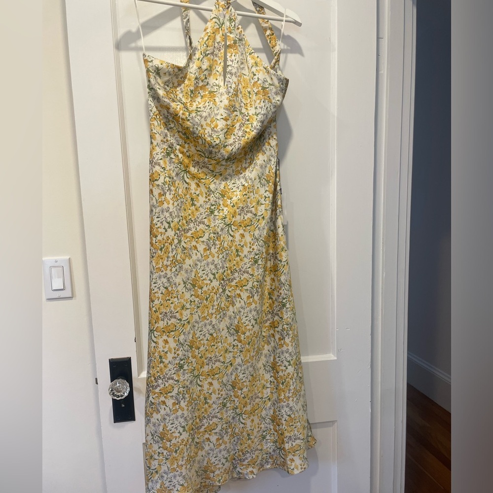 NWT: ASTR the label Sandrine midi yellow floral satin dress